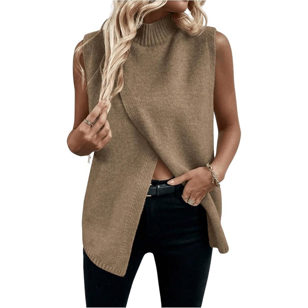 Women's Brown Sleeveless Sweater Vest Spring Business Casual Outfits Mock Neck